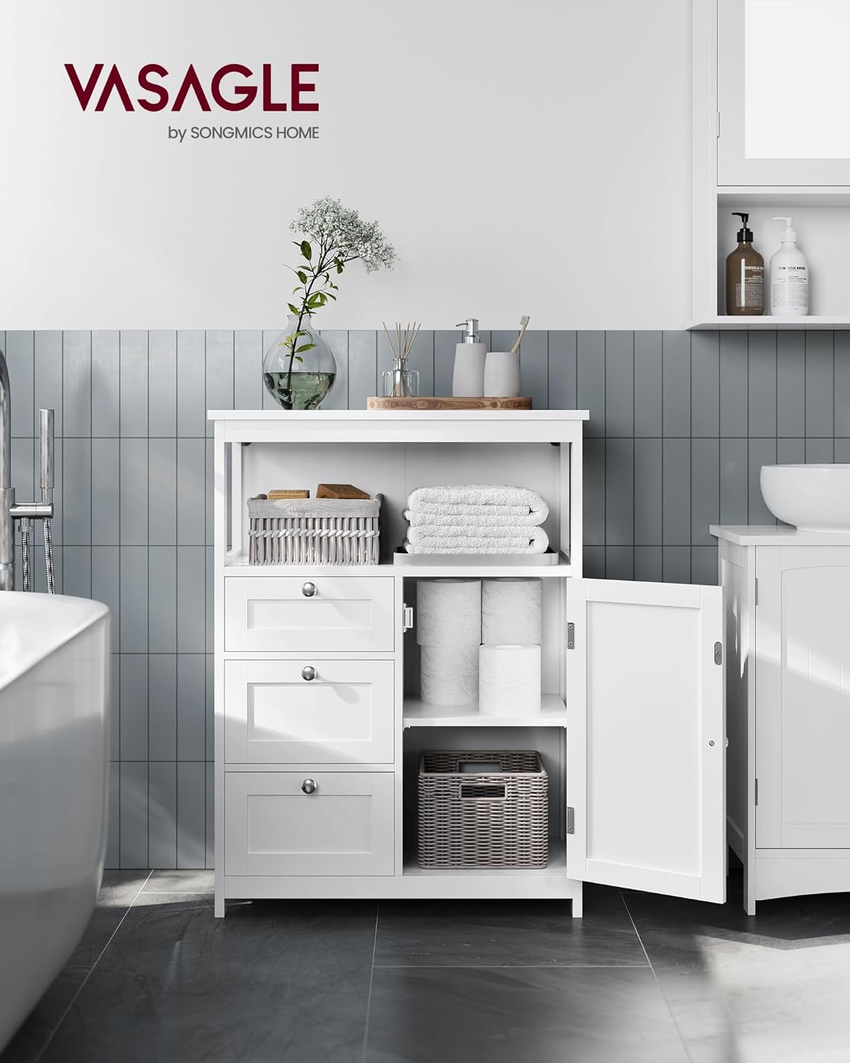 VASAGLE UBBC542P31V1 - clóset de Almacenamiento de baño no Empotrado con 3 cajones, Estante Ajustable, 11.8 x 23.6 x 31.5 Pulgadas, Color Blanco