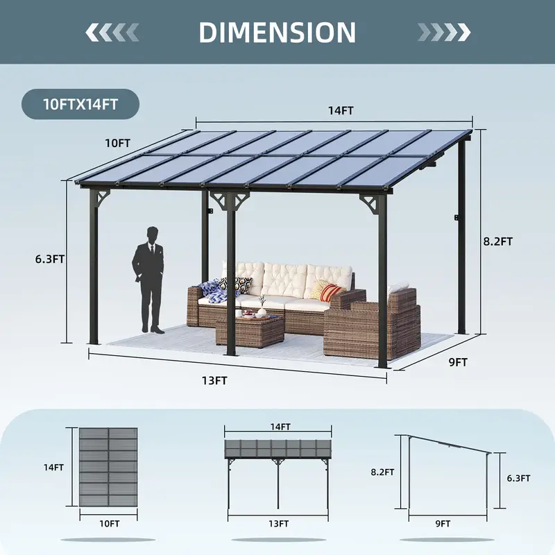Sonegra Gazebo pérgola de pared resistente de 10'x14', toldo exterior de aluminio negro con paneles transparentes para patio, terraza y patio trasero