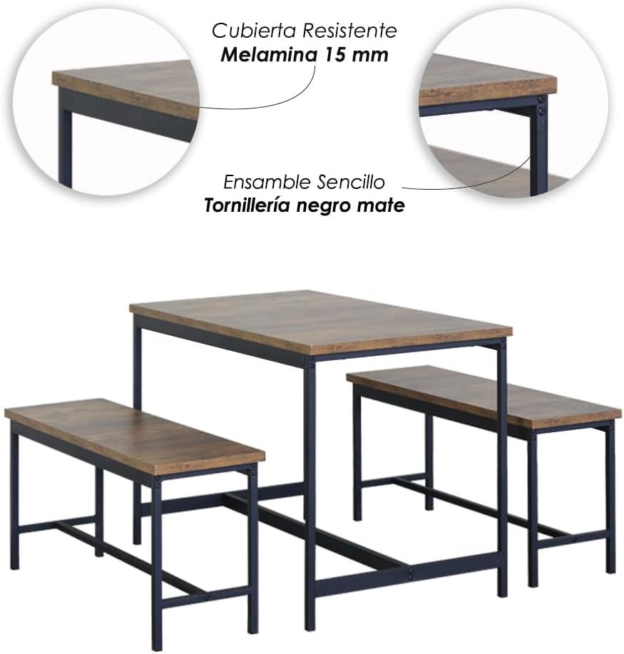 Juego de Comedor Industrial de Madera y Metal | Mesa con Sillas o Bancas | Set para 2 o 4 Personas (4 Sillas - Set para 4 Personas)