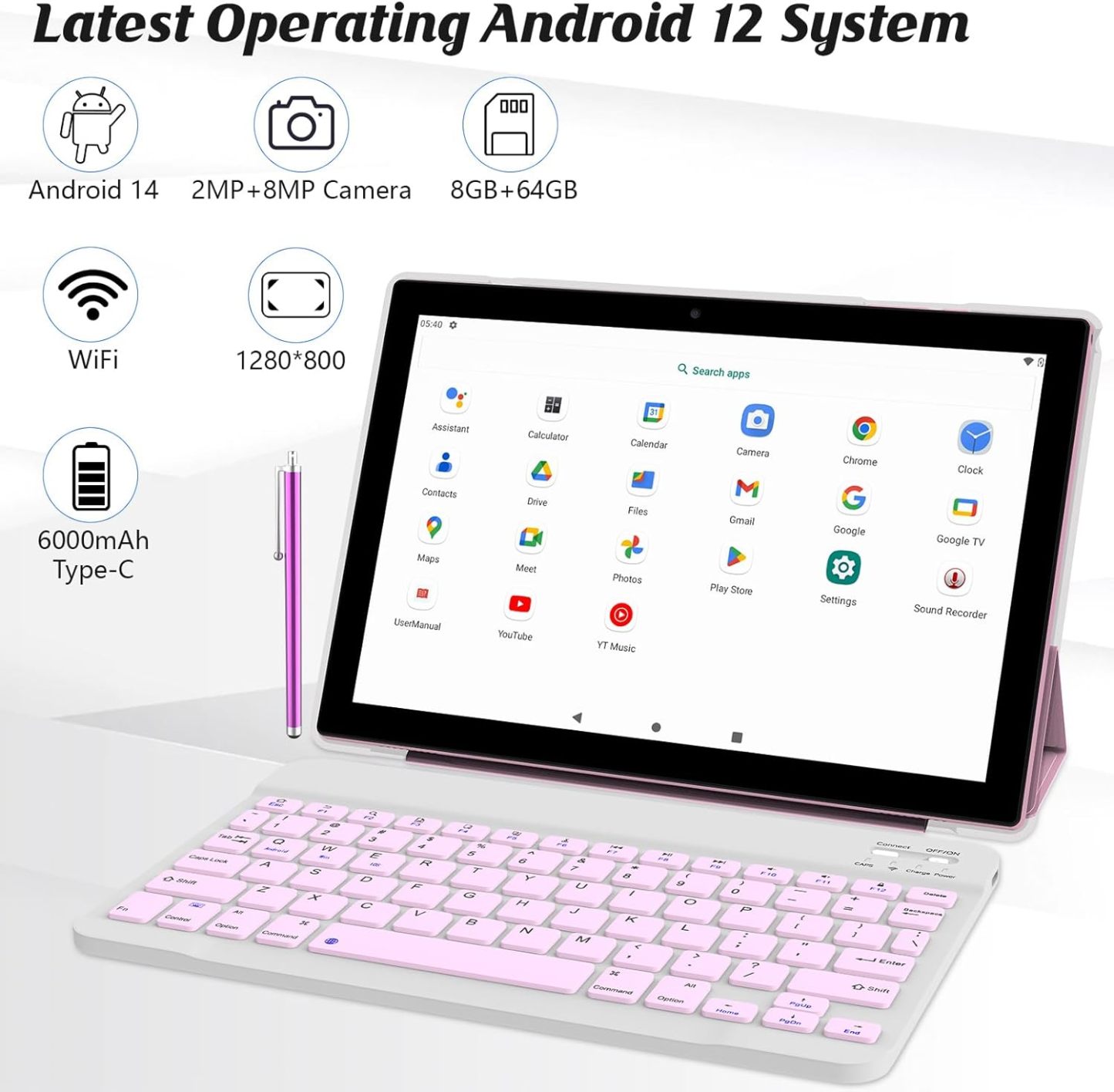 Tablet con teclado 2 en 1, Android 11, 10.1 pulgadas FHD, con teclado/mouse/funda/lápiz capacitivo/película templada, 64 GB+2 GB, Wi-Fi, cámara dual 8 MP, procesador quad core, batería 6,000 mAh, rosa