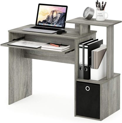 Furinno Econ Escritorio de escritura de computadora de oficina en casa multipropósito W/Bin, Blanco/Negro