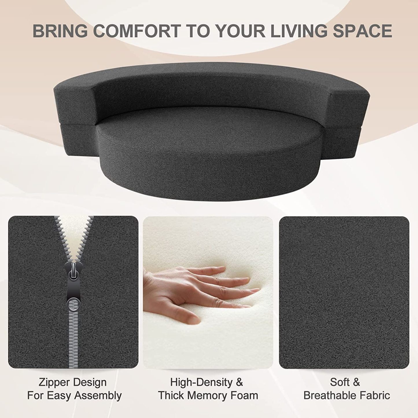 Nigoone - Sofá plegable tamaño Queen de espuma viscoelástica con 2 almohadas, sillón perezoso, triple futón, camas convertibles, funda lavable, gris oscuro