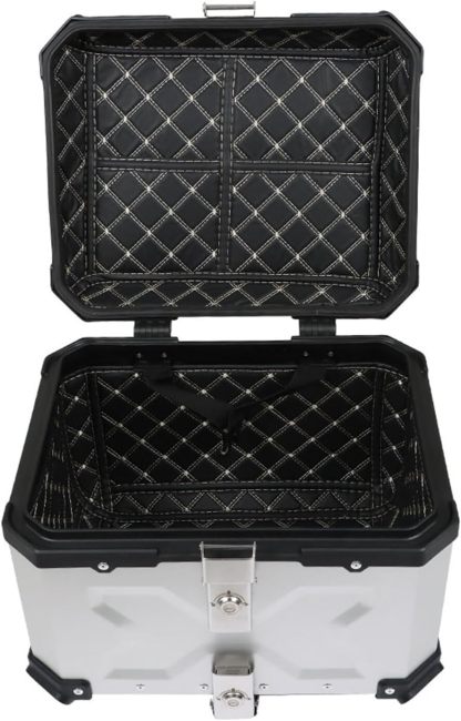 Labwork - Caja trasera para motocicleta de 45 l, con placa de montaje, aleación de aluminio dura, cierre de seguridad contra robo, metal plateado, caja trasera para maletero