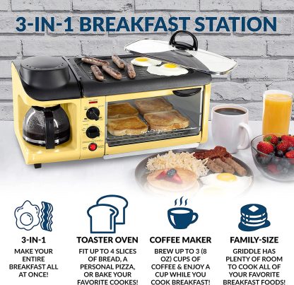 NOSTALGIA BST3RR Retro 3-in-1 Family Size Breakfast Station, Red