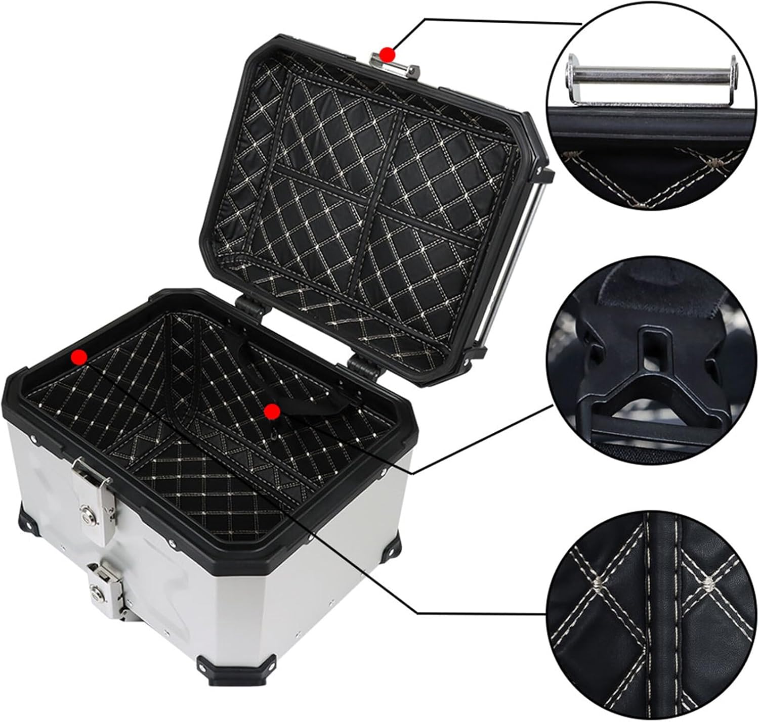 Labwork - Caja trasera para motocicleta de 45 l, con placa de montaje, aleación de aluminio dura, cierre de seguridad contra robo, metal plateado, caja trasera para maletero
