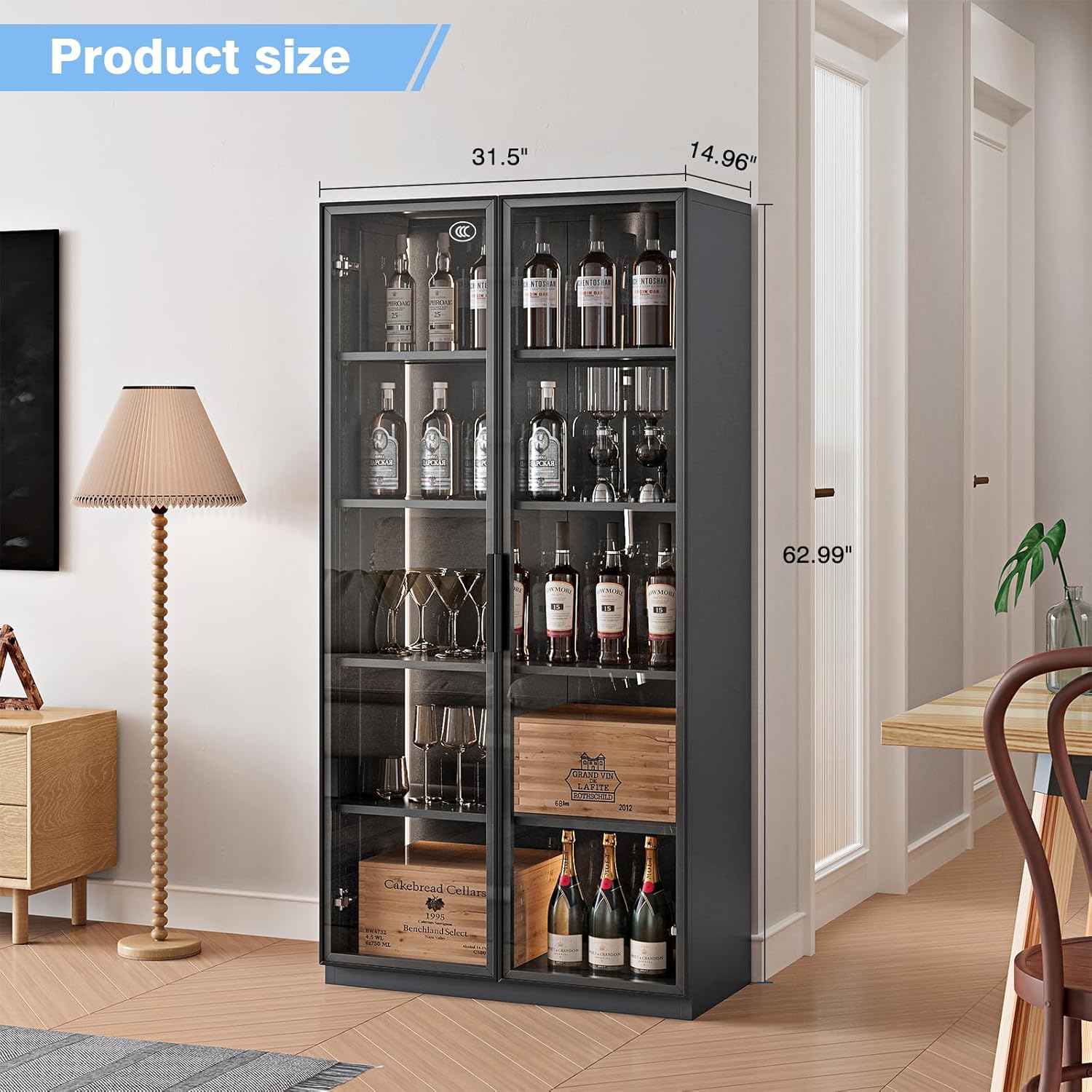 PEUKC - Vitrina con puertas de vidrio, vitrinas con 4 estantes ajustables y cerradura para el hogar, la oficina, la clínica, la despensa, requiere ensamblaje, negro, color madera