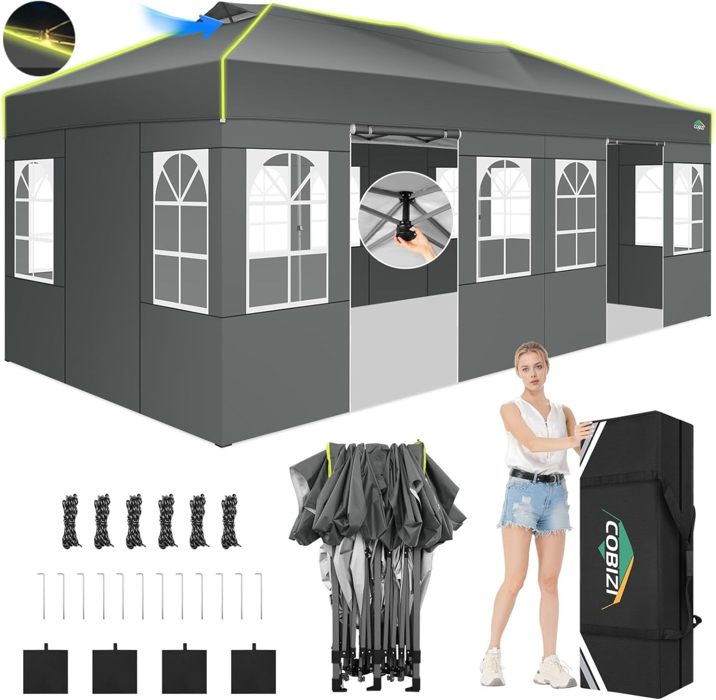 COBIZI - Tienda de campaña desplegable de 10 x 20 Pulgadas, Tienda de campaña instantánea Comercial para Bodas, Fiestas con 3 Altura Ajustable, toldo Ez Up para Exteriores, Impermeable, UPF50+ con