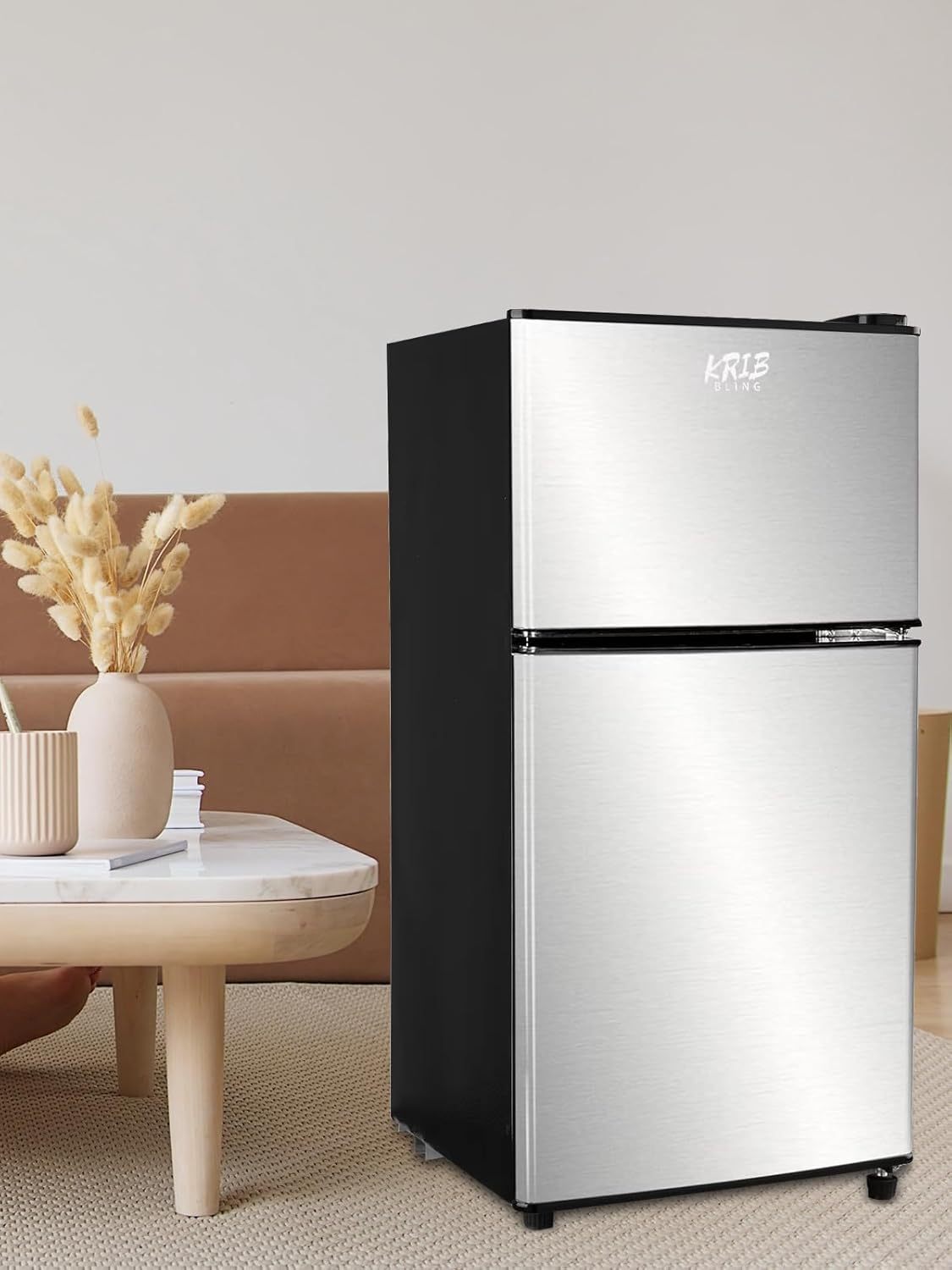 Mini nevera de 3.5 pies cúbicos, refrigerador pequeño, termostato ajustable de 7 niveles, estantes extraíbles con acero inoxidable, 2 puertas para oficina, recámara, departamento, plata,