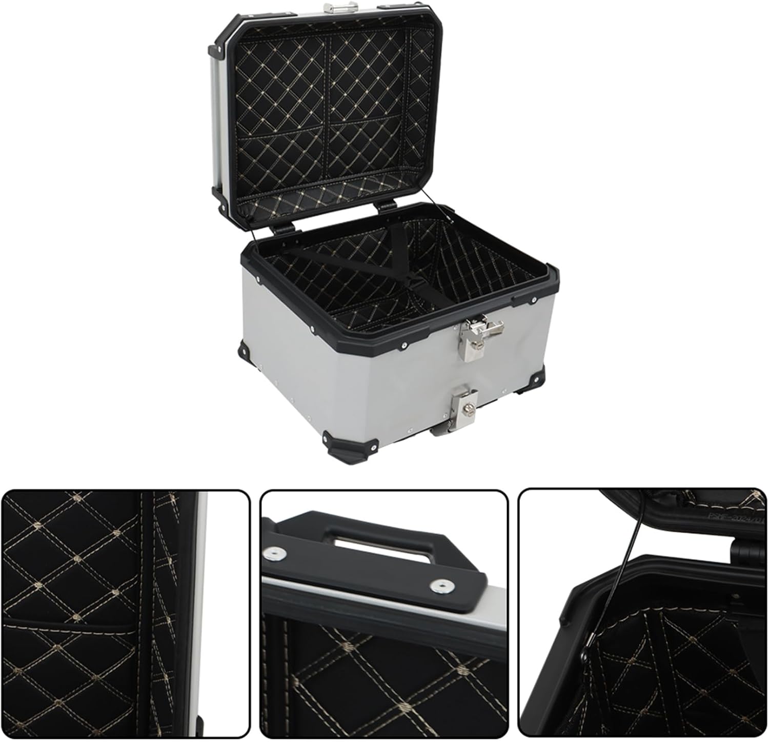 Labwork - Caja trasera para motocicleta de 45 l, con placa de montaje, aleación de aluminio dura, cierre de seguridad contra robo, metal plateado, caja trasera para maletero