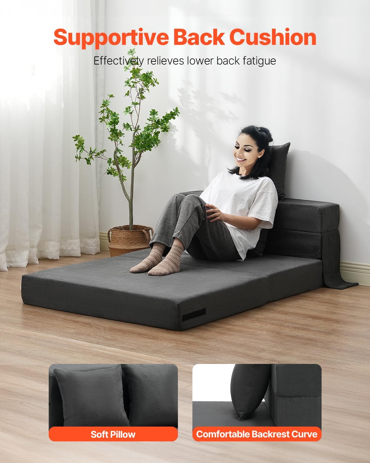 VEVOR - Sofá Cama Plegable 3 en 1 con 2 Almohadas y Funda Lavable, 25D de Espuma viscoelástica Convertible de Alta Densidad, sofá de futón para Sala de Estar, recámara, Gris Oscuro (Individual)