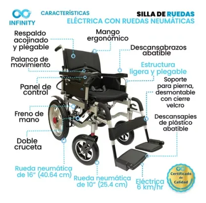 Silla De Ruedas Eléctrica Todo Terreno Neumática Infinity, Plegable, Color Negro, Ambidiestra
