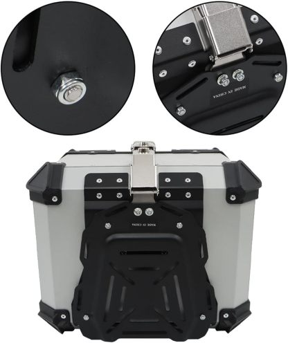Labwork - Caja trasera para motocicleta de 45 l, con placa de montaje, aleación de aluminio dura, cierre de seguridad contra robo, metal plateado, caja trasera para maletero