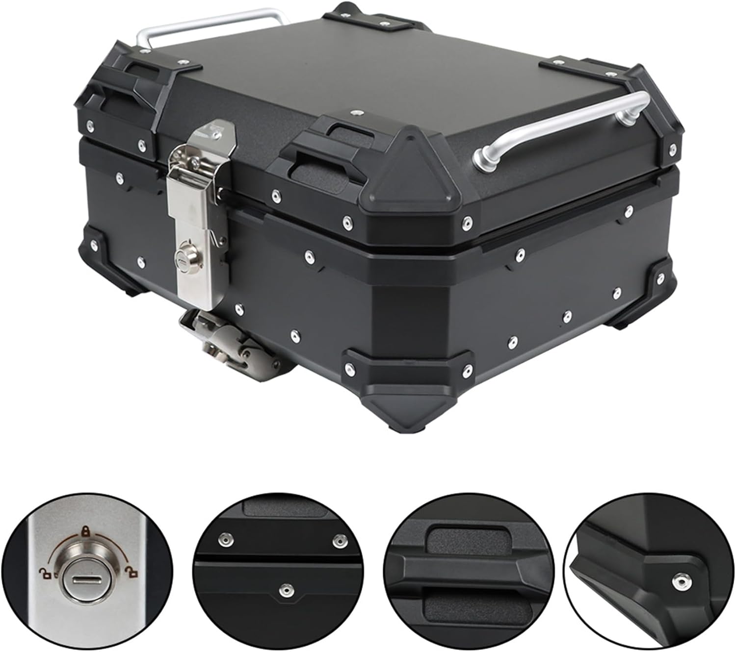 Labwork - Caja trasera para motocicleta de 45 l, con placa de montaje, aleación de aluminio dura, cierre de seguridad contra robo, metal plateado, caja trasera para maletero