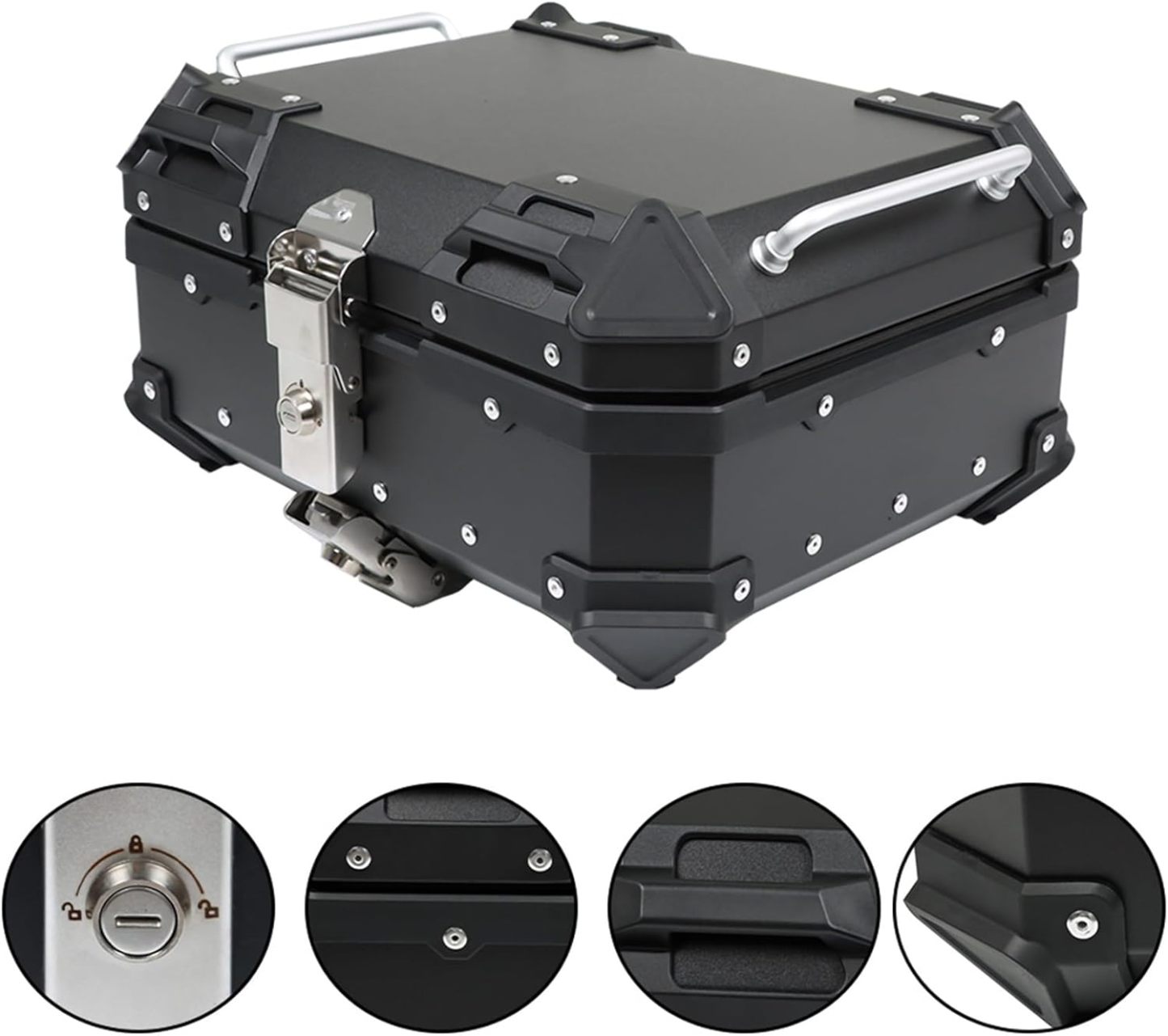 Labwork - Caja trasera para motocicleta de 45 l, con placa de montaje, aleación de aluminio dura, cierre de seguridad contra robo, metal plateado, caja trasera para maletero