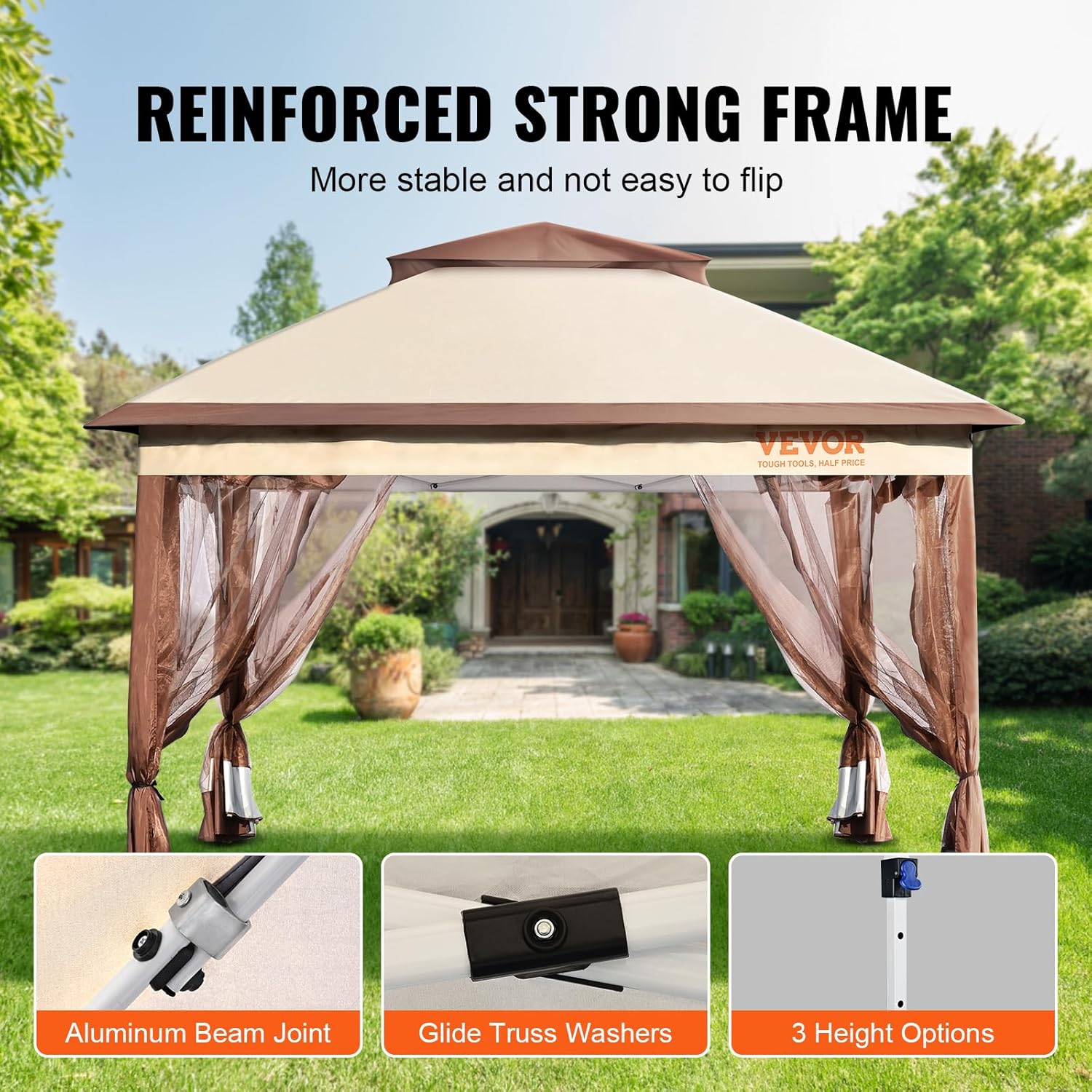 VEVOR - Gazebo desplegable para 8-10 Personas, con mosquitero, Marco de Metal y Tela Oxford 250D recubierta de Poliuretano, toldo Exterior para Patio, Patio, jardín, terraza, 11 x 11 pies, Color café