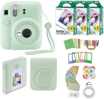 Fujifilm Instax Mini 12 cámara instantánea + 60 impresiones fotográficas + paquete de calidad para fotos, estuche, pegatinas decorativas, marcos, álbum de fotos, verde menta