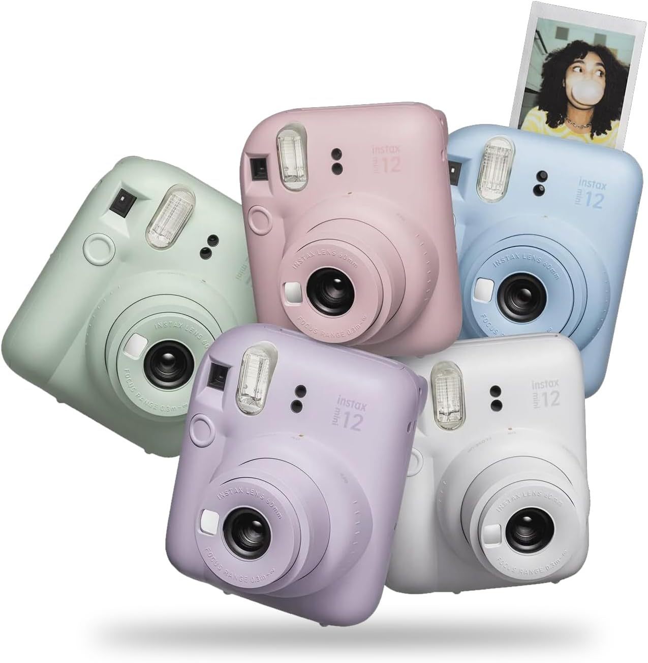 Fujifilm Instax Mini 12 Cámara instantánea + paquete de accesorios MiniMate y funda personalizada compatible + Fuji Instax Film Value Pack (50 hojas) Álbum de fotos de diseño Flamingo (azul pastel)