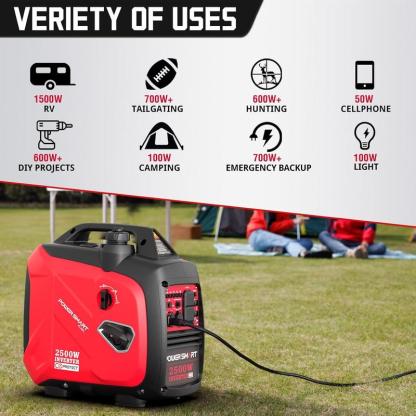 Generador de gasolina con inversor Powersmart de 2500 W (preparado para tormentas), generador portátil de 17,7 kg (39 libras) apto para caravanas, con capacidad de conexión en paralelo, silencioso para uso doméstico, camping, bajo consumo de combustible,