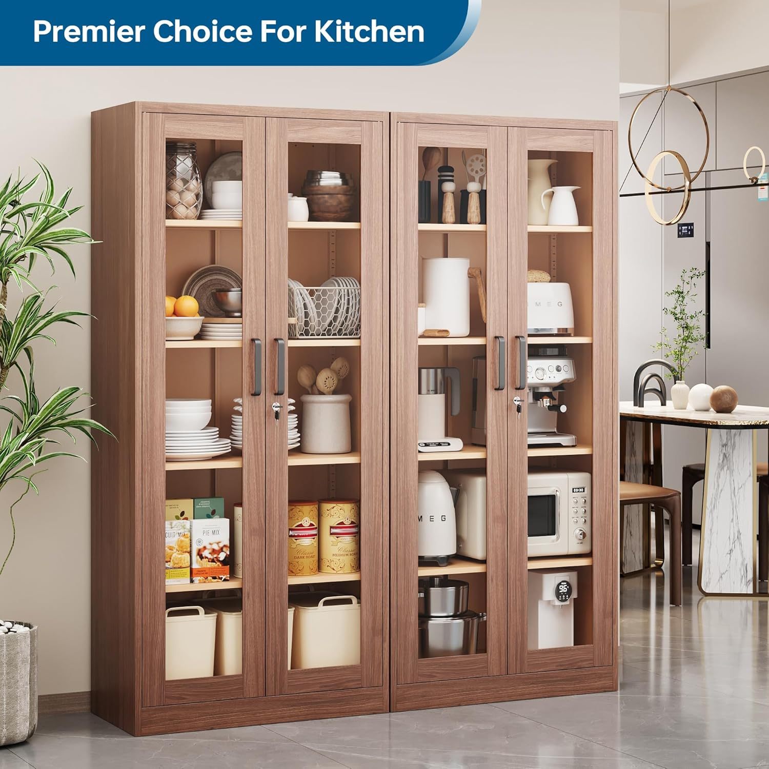 PEUKC - Vitrina con puertas de vidrio, vitrinas con 4 estantes ajustables y cerradura para el hogar, la oficina, la clínica, la despensa, requiere ensamblaje, negro, color madera