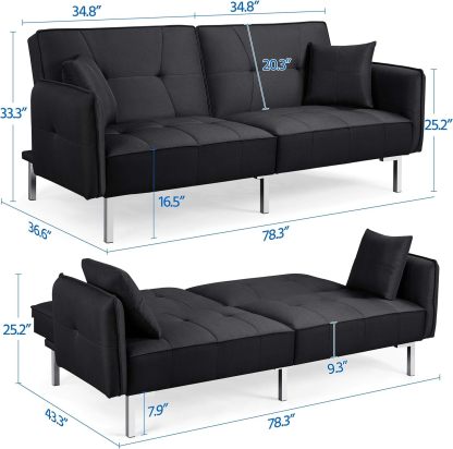 Yaheetech Sofá cama convertible moderno futón sofás, cama plegable y abajo, tela de lino reclinable para sala de estar, color gris