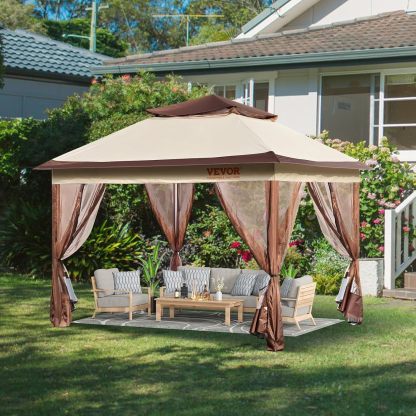VEVOR - Gazebo desplegable para 8-10 Personas, con mosquitero, Marco de Metal y Tela Oxford 250D recubierta de Poliuretano, toldo Exterior para Patio, Patio, jardín, terraza, 11 x 11 pies, Color café