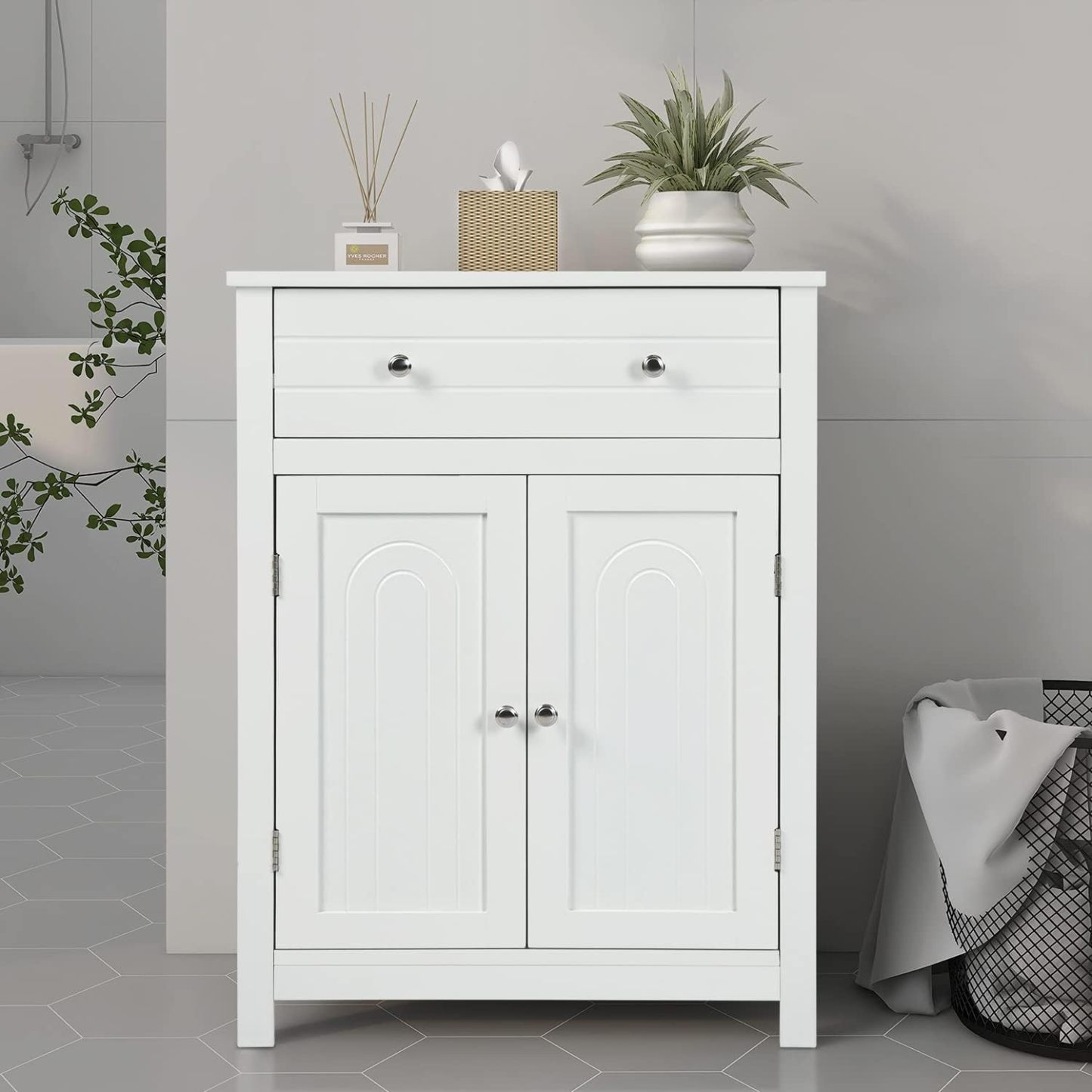 Gabinete de Almacenamiento para Piso de Baño con Puerta Doble, Estante Ajustable, para Baño, Sala de Estar, Cocina, Estilo Nórdico Escandinavo, Fácil Montaje