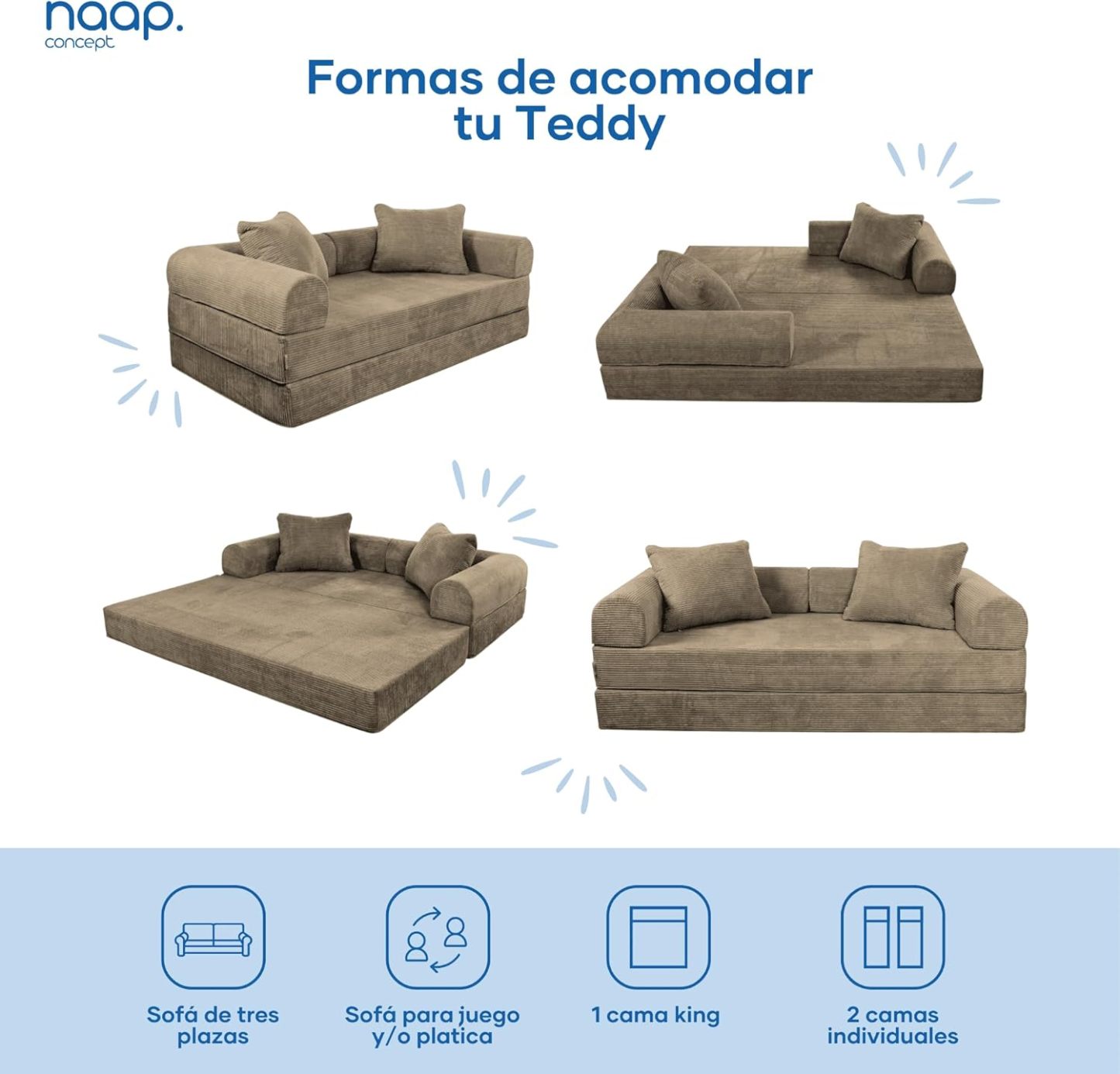 Sofá Cama Teddy Luxe | Diseño Convertible | Hecho 100% de Espuma | Comodidad y Versatilidad | 200x100x65 cm (Chocolate)