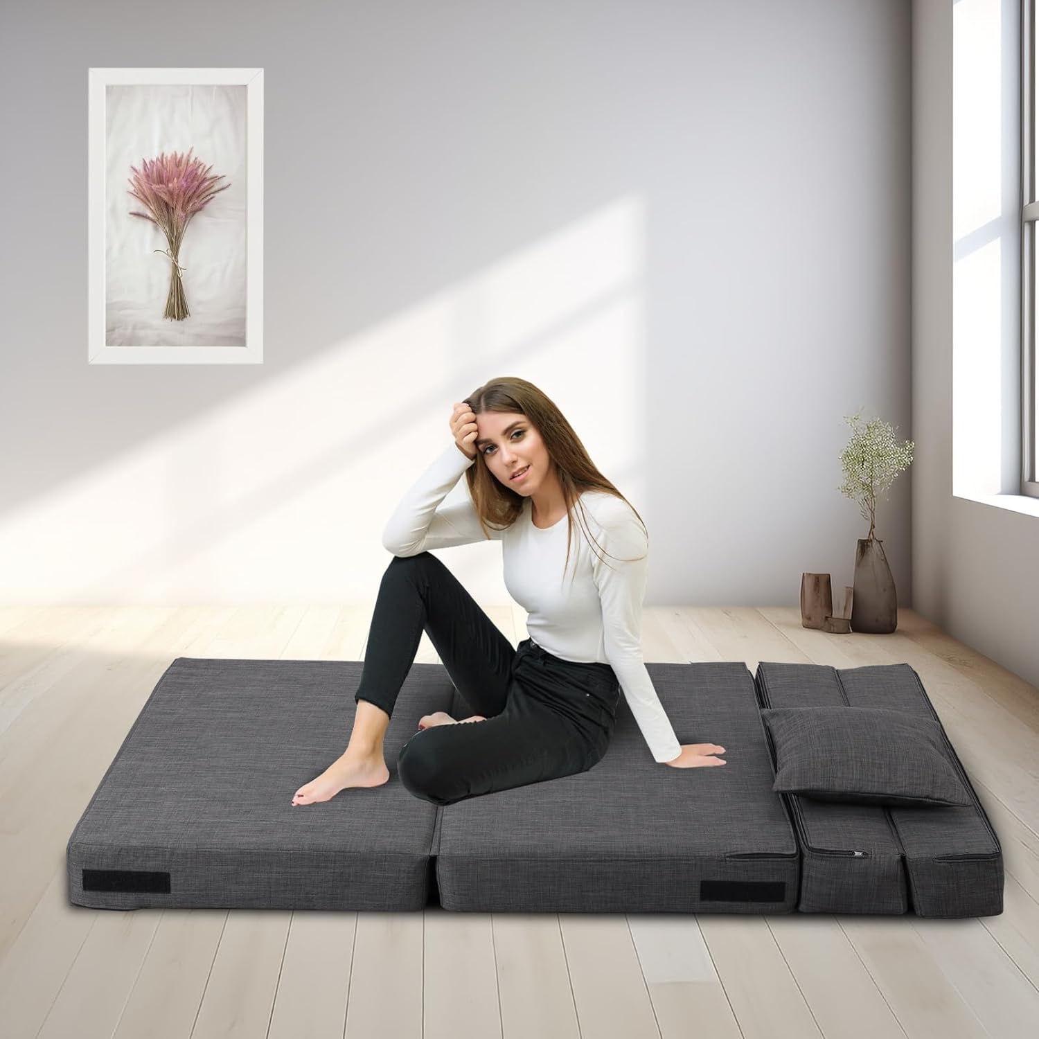 Nigoone - Sofá plegable tamaño Queen de espuma viscoelástica con 2 almohadas, sillón perezoso, triple futón, camas convertibles, funda lavable, gris oscuro