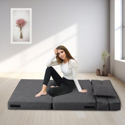 Nigoone - Sofá plegable tamaño Queen de espuma viscoelástica con 2 almohadas, sillón perezoso, triple futón, camas convertibles, funda lavable, gris oscuro