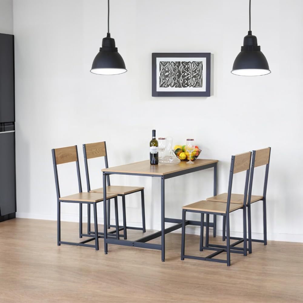 Juego de Comedor Industrial de Madera y Metal | Mesa con Sillas o Bancas | Set para 2 o 4 Personas (4 Sillas - Set para 4 Personas)