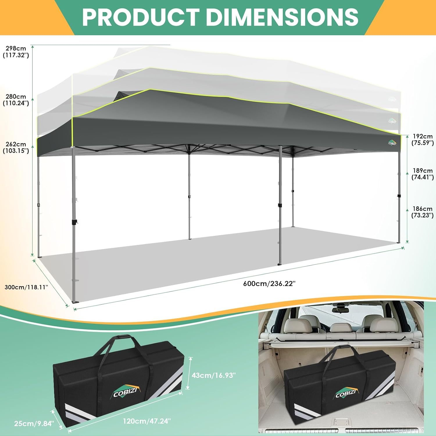 COBIZI - Tienda de campaña desplegable de 10 x 20 Pulgadas, Tienda de campaña instantánea Comercial para Bodas, Fiestas con 3 Altura Ajustable, toldo Ez Up para Exteriores, Impermeable, UPF50+ con