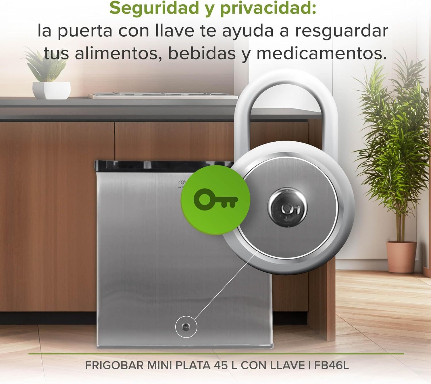 AVERA Frigobar con congelador de 1.6 pies, mini bar con capacidad de 45 L, mini refrigerador con llave, refrigerador con control de temperatura ajustable, puerta reversible de color plata | FB46L