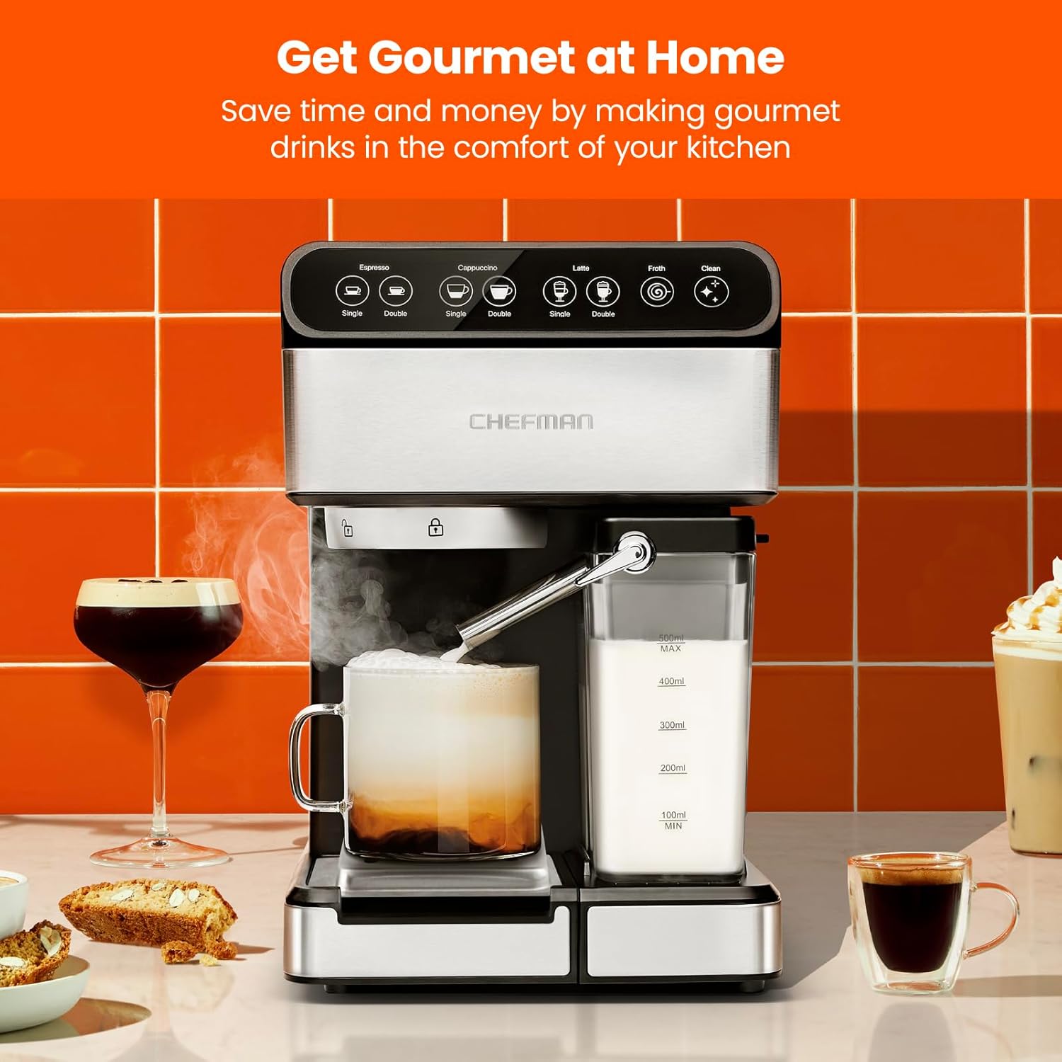 Chefman - Máquina de café espresso , Prepare espresso, capuchinos, lattes y más con calidad de una cafetería, depósito de agua de 1,8 litros, acero inoxidable