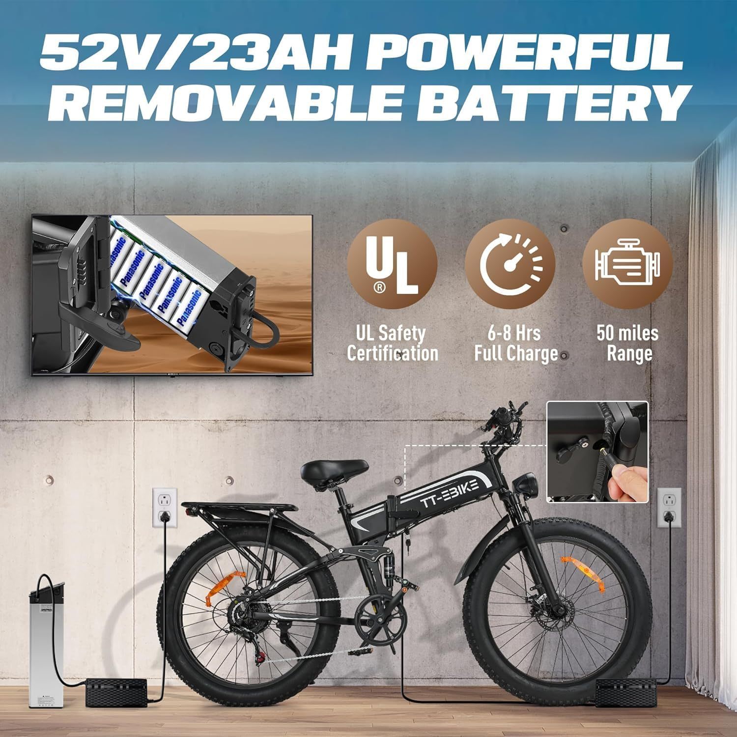 Dual: 4350/3000/2350 W, bicicleta eléctrica para adultos 42/40/32 MPH con batería de 52 V 28/23 AH, bicicleta de montaña E de 26 pulgadas, bicicleta plegable de suspensión completa, engranaje de 7