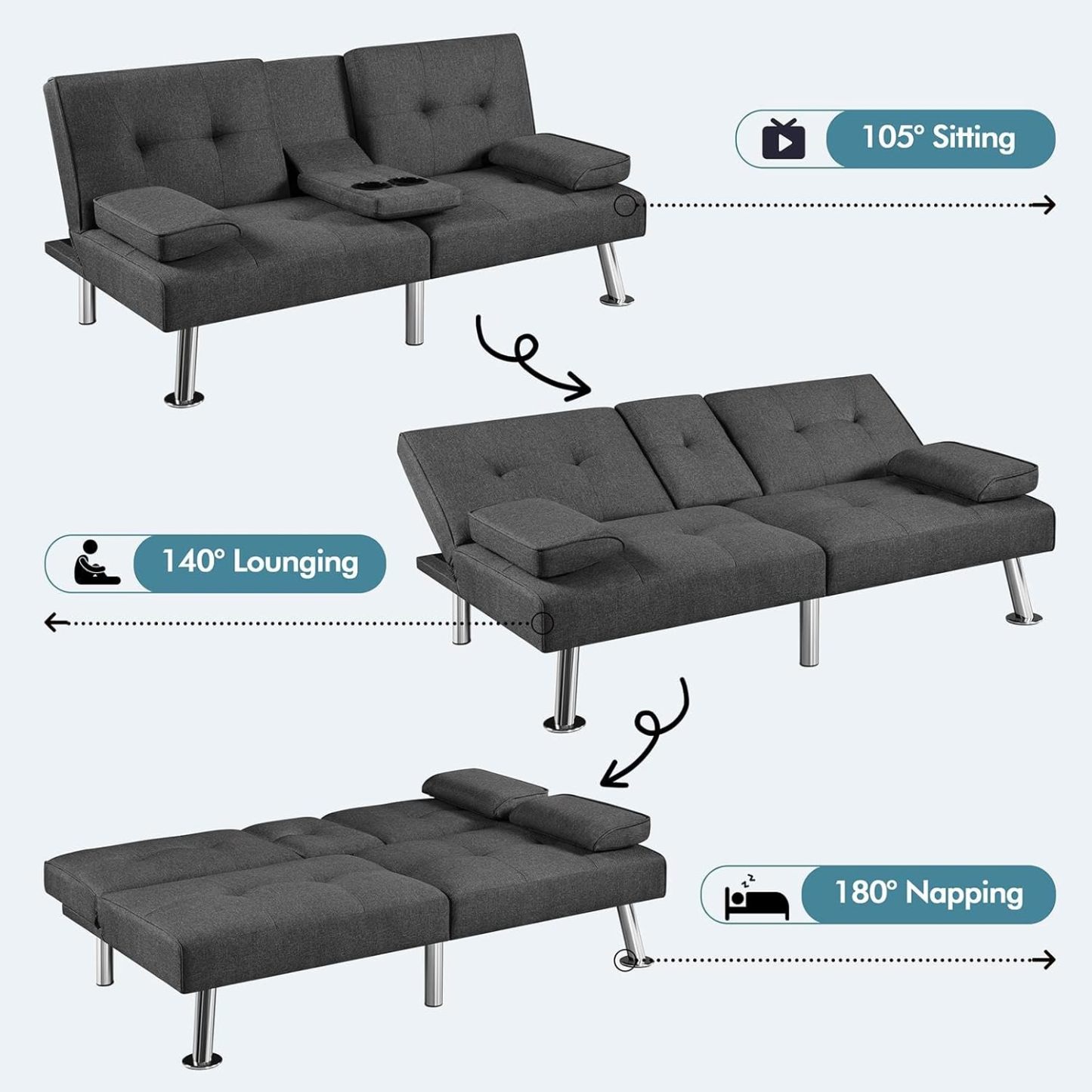 Yaheetech - Sofá Cama Convertible Ajustable, Moderno sillón reclinable de Piel sintética Reversible, sofá Cama Plegable, reposabrazos extraíbles, portavasos, 3 ángulos, Capacidad de 700 Libras, Color