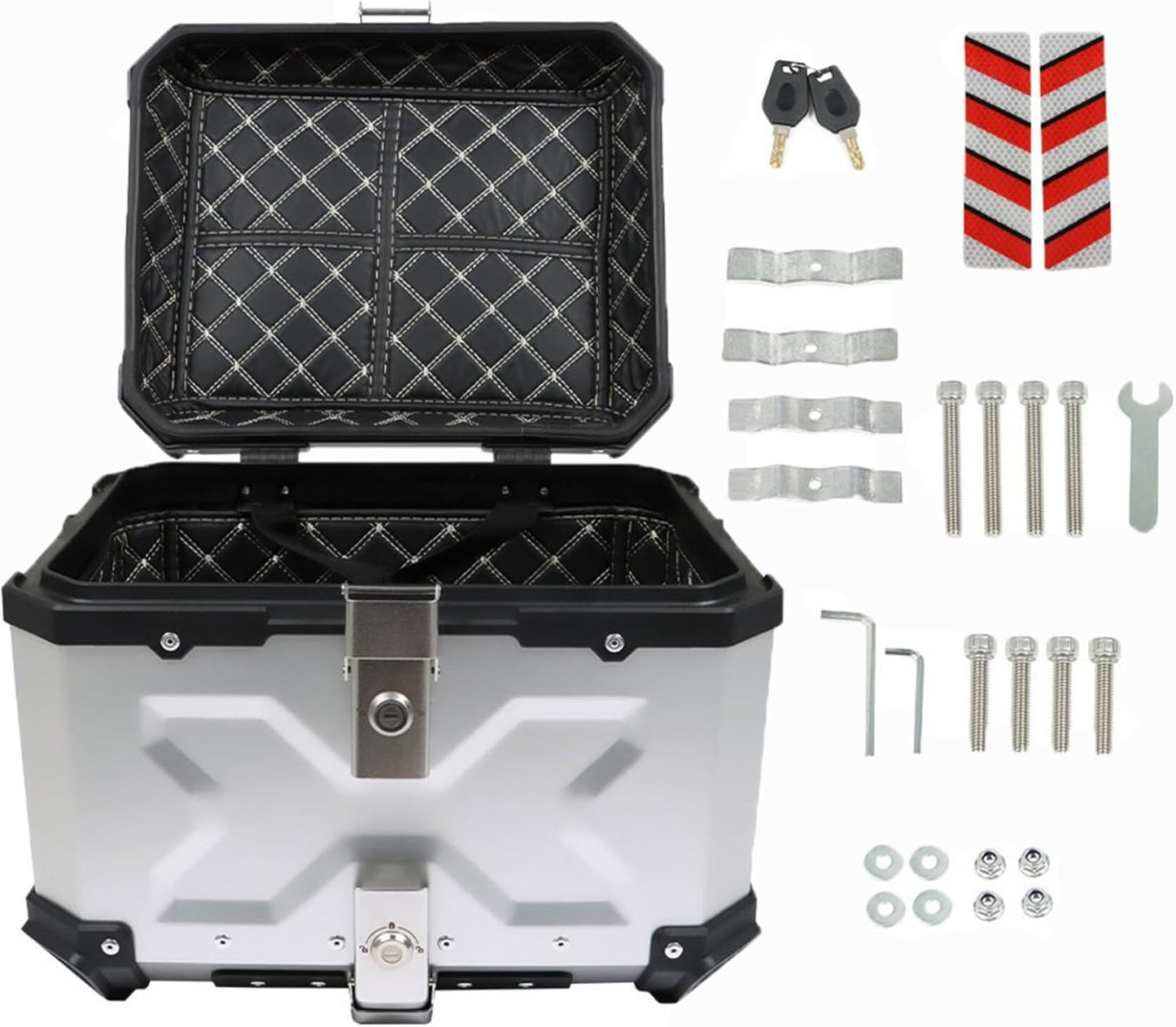 Labwork - Caja trasera para motocicleta de 45 l, con placa de montaje, aleación de aluminio dura, cierre de seguridad contra robo, metal plateado, caja trasera para maletero