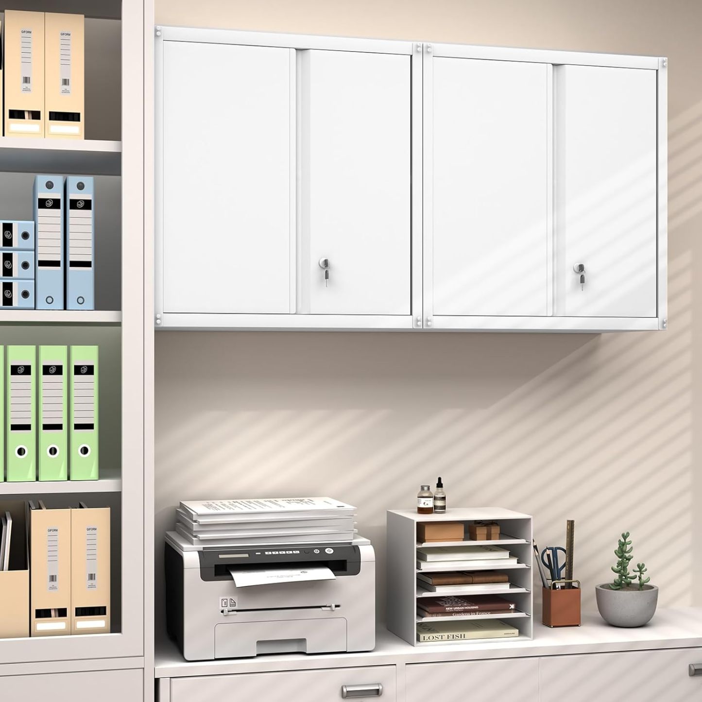 GREATMEET - clóset de almacenamiento de pared de metal con cerradura,armarios de almacenamiento de metal blanco con 1 estante ajustable y 2 puertas,gabinete de acero,desmontar H27.95 White
