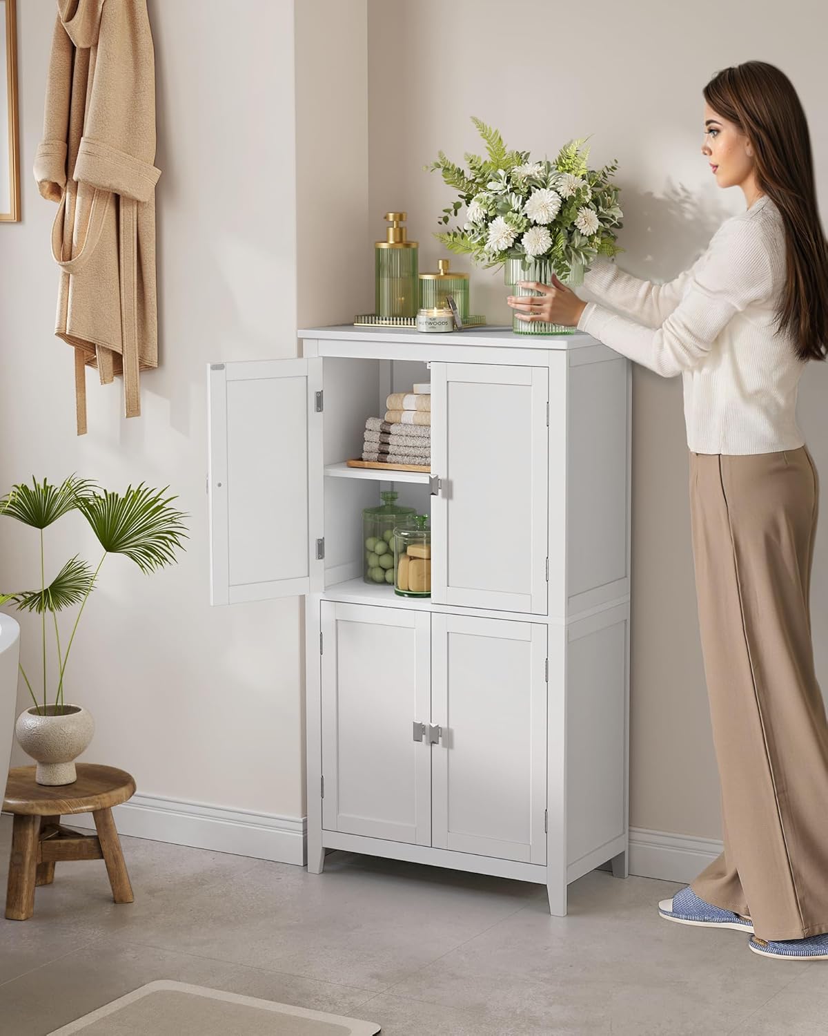 VASAGLE Mueble de Baño, Armario de Baño, Armario de Cocina, con 2 Puertas y 2 Cajones, Estantes Ajustables, 30 x 60 x 110 cm, Gris Paloma MBBC551G02