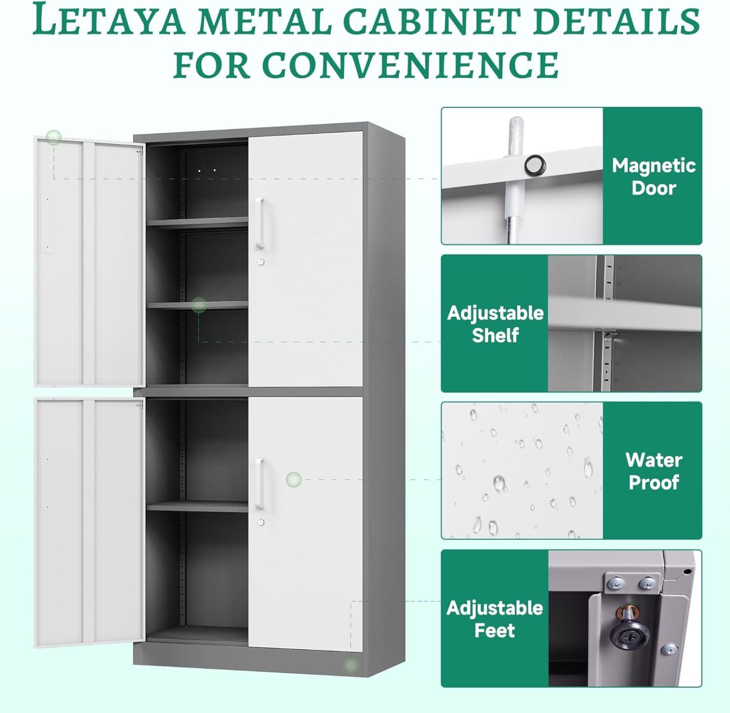 Letaya - Armarios de almacenamiento de metal con puerta de cerradura, armarios de acero, 5 estantes ajustables para el hogar, oficina, almacén (blanco)