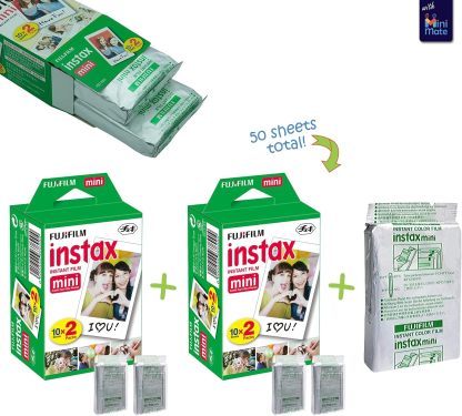 Fujifilm Instax Mini 12 Cámara instantánea + paquete de accesorios MiniMate y funda personalizada compatible + Fuji Instax Film Value Pack (50 hojas) Álbum de fotos de diseño Flamingo (azul pastel)