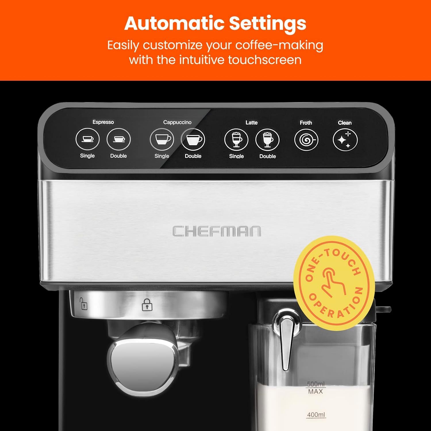 Chefman - Máquina de café espresso , Prepare espresso, capuchinos, lattes y más con calidad de una cafetería, depósito de agua de 1,8 litros, acero inoxidable