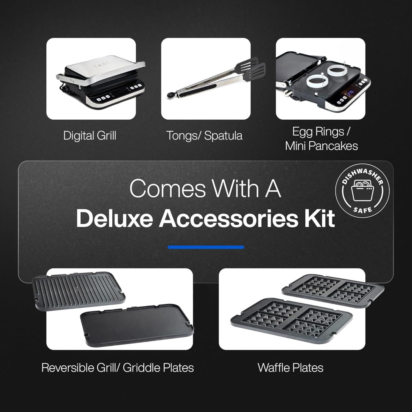 Yedi Paquete Total Parrilla digital 6 en 1, máquina para hacer waffles, prensa para panini, plancha estilo tempanyaki, con kit de accesorios de lujo