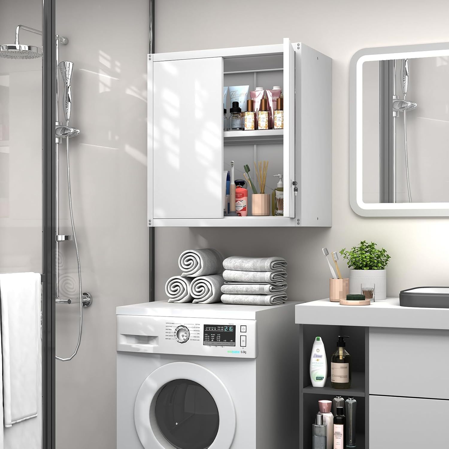 GREATMEET - clóset de almacenamiento de pared de metal con cerradura,armarios de almacenamiento de metal blanco con 1 estante ajustable y 2 puertas,gabinete de acero,desmontar H27.95 White