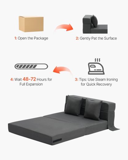 VEVOR - Sofá Cama Plegable 3 en 1 con 2 Almohadas y Funda Lavable, 25D de Espuma viscoelástica Convertible de Alta Densidad, sofá de futón para Sala de Estar, recámara, Gris Oscuro (Individual)