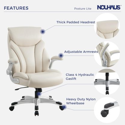 Nouhaus - Silla de oficina grande y alta con soporte lumbar, silla de oficina ergonómica de piel sintético, silla de computadora ejecutiva con reposabrazos ajustables (Posture Lite, blanco)
