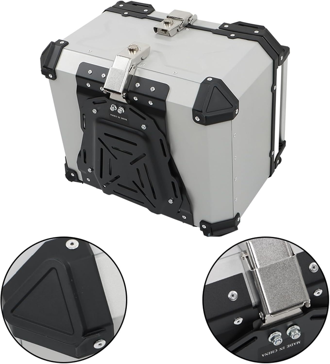 Labwork - Caja trasera para motocicleta de 45 l, con placa de montaje, aleación de aluminio dura, cierre de seguridad contra robo, metal plateado, caja trasera para maletero