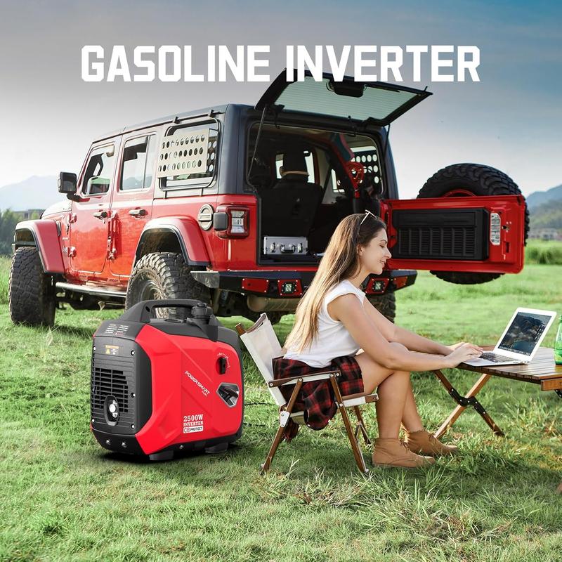 Generador de gasolina con inversor Powersmart de 2500 W (preparado para tormentas), generador portátil de 17,7 kg (39 libras) apto para caravanas, con capacidad de conexión en paralelo, silencioso para uso doméstico, camping, bajo consumo de combustible,