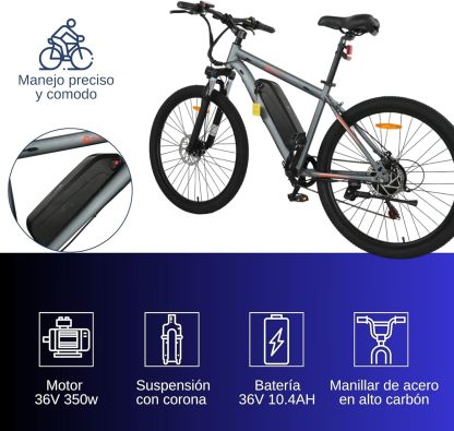 Bluelander Bicicleta Eléctrica para Adultos, Bicicleta Electrica Rodada 26, Velocidad Máxima de 32 km/h, 7 Velocidades, Potencia del Motor de 36 V/350 W, Pantalla, Frenos de Disco