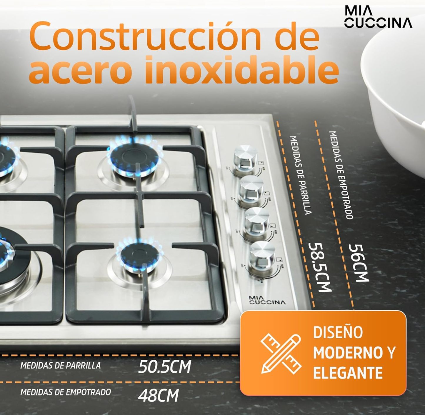 Parrilla de Gas - Estufa Empotrable - Natural o LP | Estufa 5 Quemadores - Ideal para tu Hogar | Parrilla de Gas 5 Quemadores de Acero Inoxidable | Perfecta para Cocina Integral | MIA CUCCINA 63x53