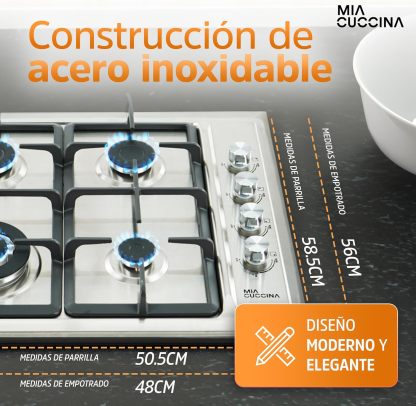 Parrilla de Gas - Estufa Empotrable - Natural o LP | Estufa 5 Quemadores - Ideal para tu Hogar | Parrilla de Gas 5 Quemadores de Acero Inoxidable | Perfecta para Cocina Integral | MIA CUCCINA 63x53